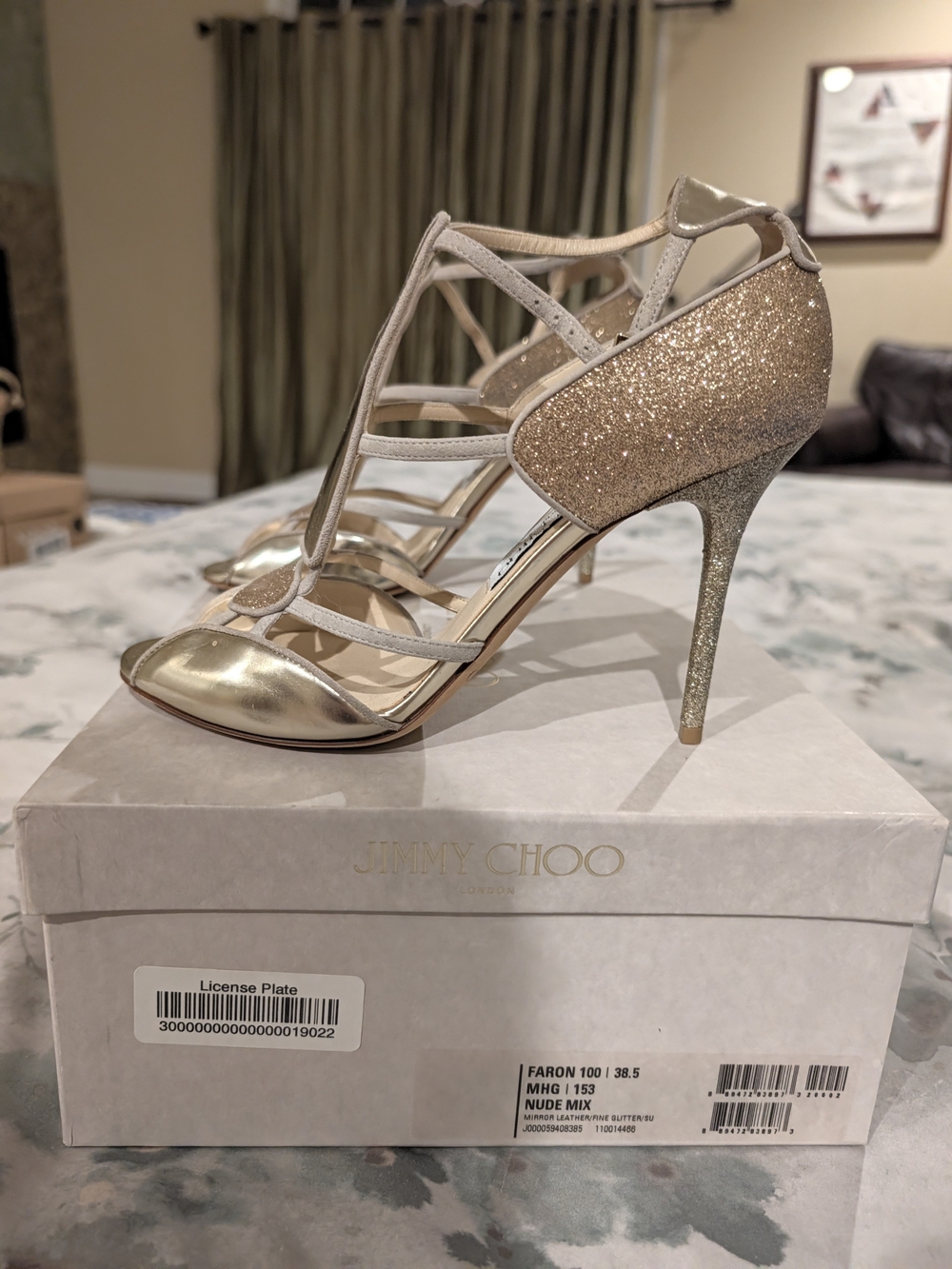 Jimmy Choo Nude Mix Glitter T-Strap High Heel Sandals